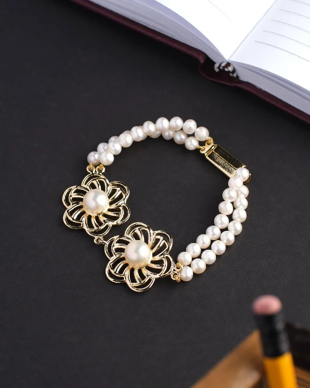 Ladies bracelets classic looks-Delicate Floral Pearl Bracelet