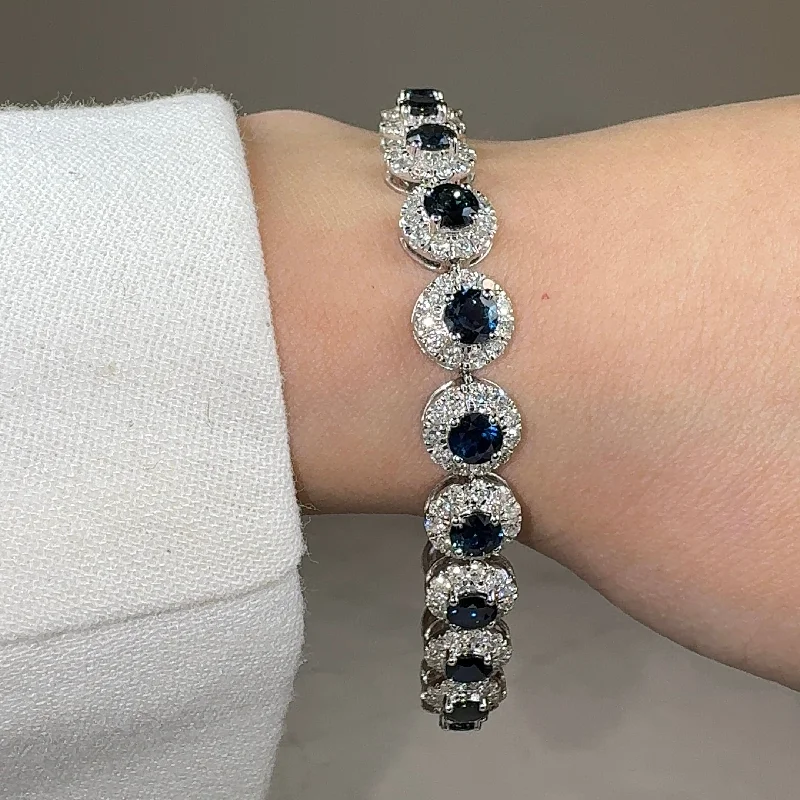 Ladies bracelets white gold-Round Brilliant Shape 8.5 Carat Sapphire Center Featuring Diamond Halo Bracelet BRHARBS