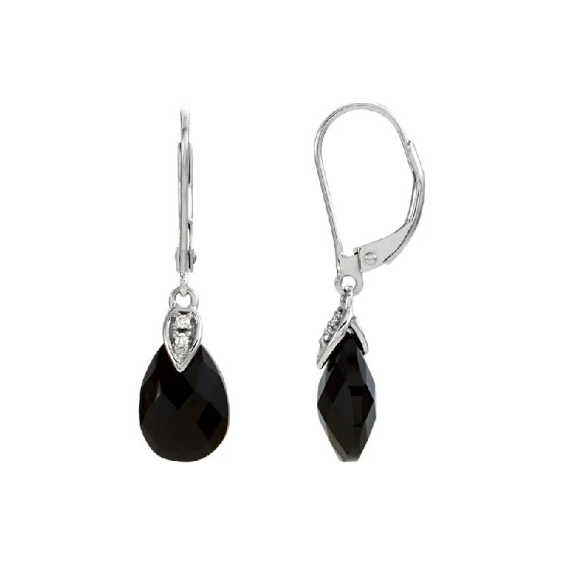 Ladies earrings openwork patterns-Black Onyx Briolette & Diamond Lever Back Earrings in 14k White Gold