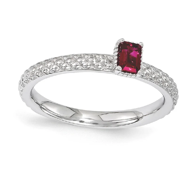 Ladies ring natural stones-Sterling Silver Stackable Created Ruby Octagon Solitaire Ring