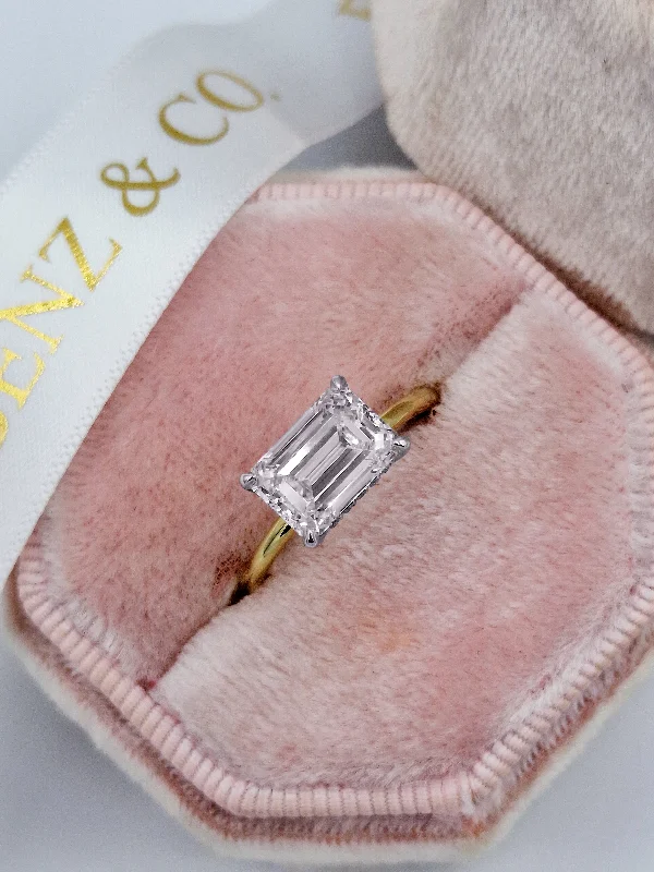 Ladies engagement rings online shops-2.36 Carats Lab Grown Emerald Cut East-West Two Tone Solitaire Hidden Halo Diamond Engagement Ring