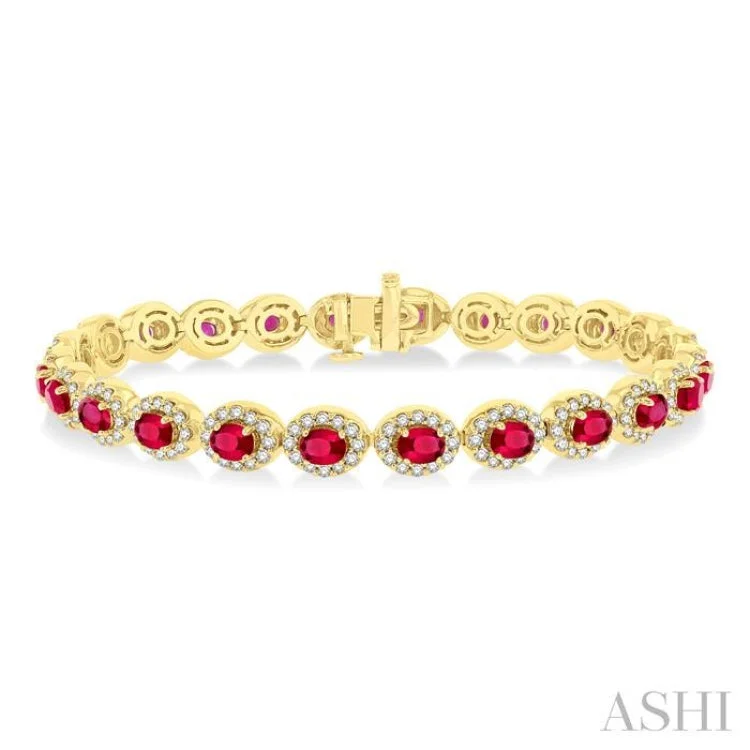 Ladies bracelets global fashion-2 1/6 ctw Oval Cut 4X3MM Ruby and Round Cut Diamond Halo Precious Tennis Bracelet in 14K Yellow Gold