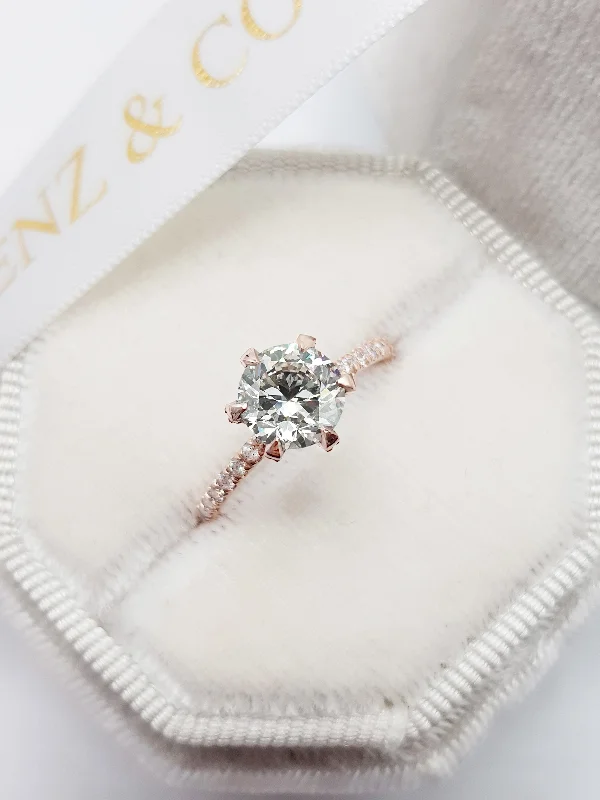 Ladies engagement rings couple designs-1.54 Carats Round Brilliant Cut Micropave Side Stones Accented Prongs Diamond Engagement Ring in Rose Gold