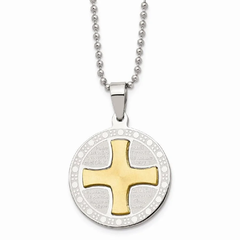 Ladies necklaces designer brands-Stainless Steel Brushed/Polished Yellow IP Spanish Lords Prayer Necklace