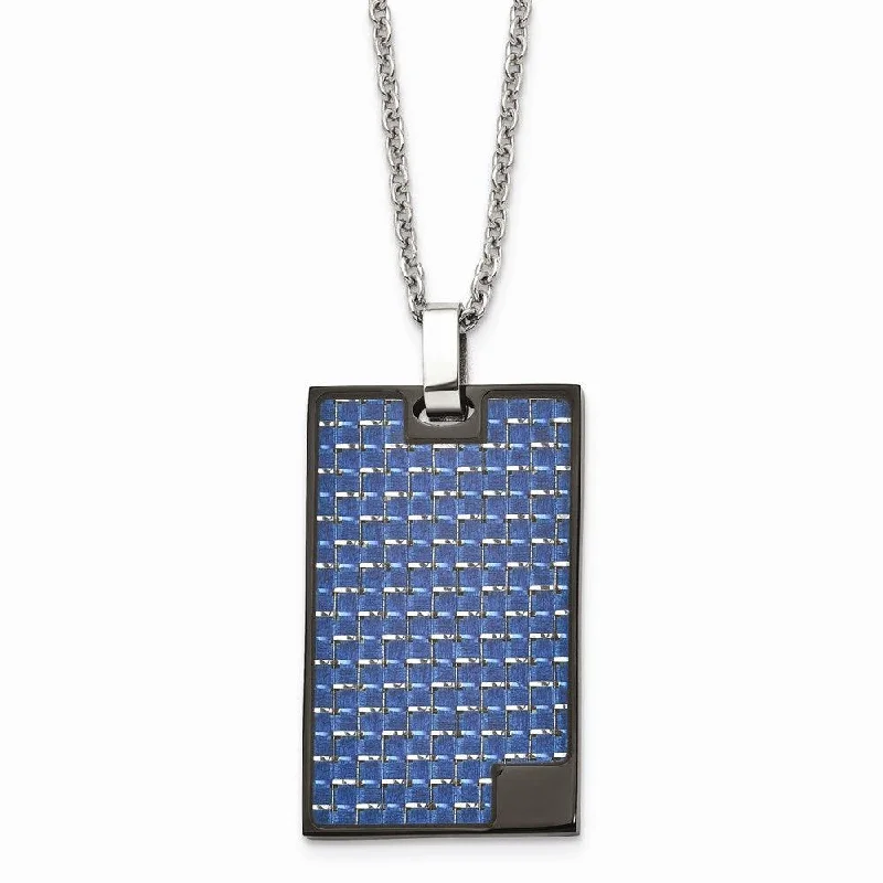 Ladies necklaces star charms-Stainless Steel Polished BlackIP-plated w/Blue Carbon Fiber Inlay Necklace