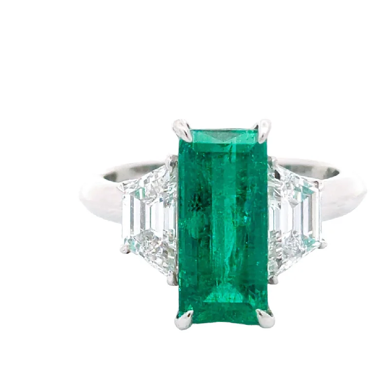 Ladies ring diamond inlay-M & Co. Platinum Colombian Emerald & Trapezoid Cut Diamond Ring