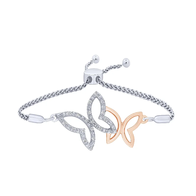 Ladies bracelets minimalist charm-Sterling Silver 1/20Ct Diamond Butterflies Bracelet