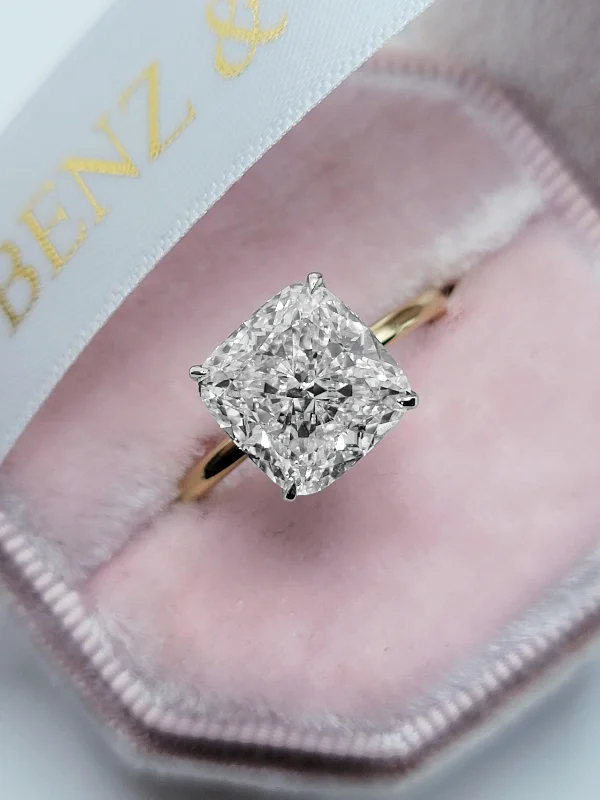 Ladies engagement rings top picks-5.20 Carats Lab Grown Cushion Cut Two Tone Solitaire Hidden Halo Diamond Engagement Ring