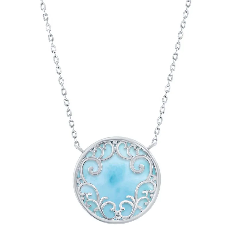 Ladies necklaces animal shapes-Caribbean Treasures Women's Necklace - Silver Round Larimar Filigree Design | M-6695