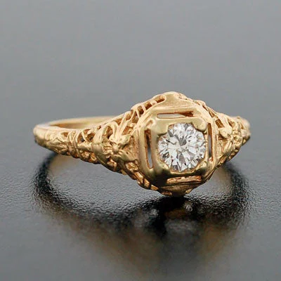 Ladies engagement rings gold styles-Art Deco 14kt Yellow Gold Diamond Engagement Ring .35ct