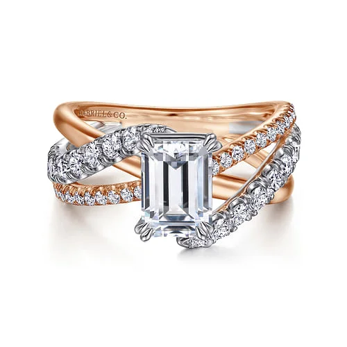 Ladies engagement rings size guide-14K White-Rose Gold Emerald Cut Free Form Diamond Engagement Ring