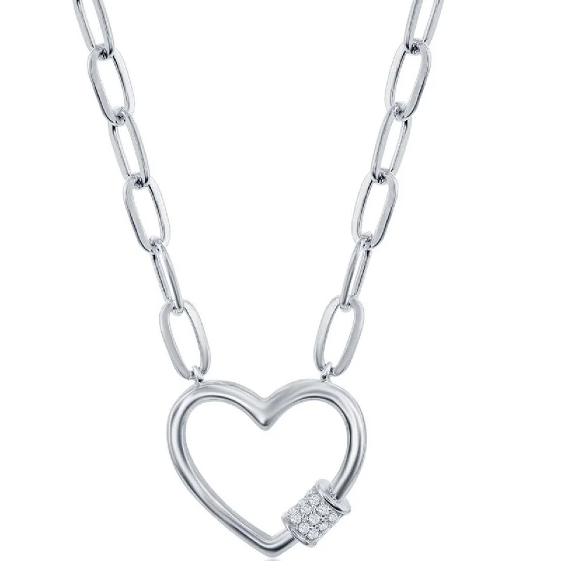 Ladies necklaces floral motifs-Classic Women's Necklace - Sterling Micro Pave CZ Heart Carabiner Paperclip | M-6778