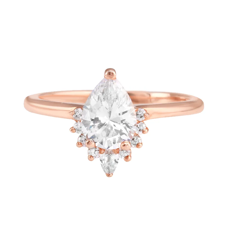 Ladies engagement rings custom engravings-Pear Diamond Half Starburst Halo Engagement Ring