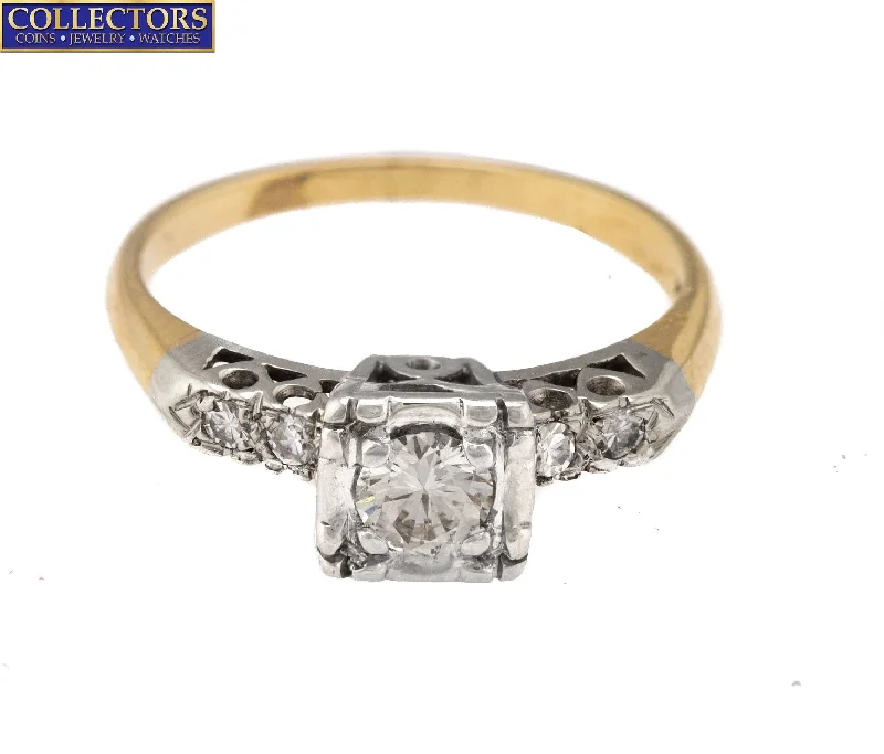 Ladies engagement rings trendy looks-Ladies 14K White/Yellow Gold 0.28CT Transition Round Cut Diamond Engagement Ring