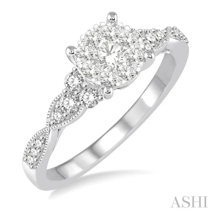 Ladies engagement rings unique styles-1/2 Ctw Round Cut Diamond Lovebright Engagement Ring in 14K White Gold