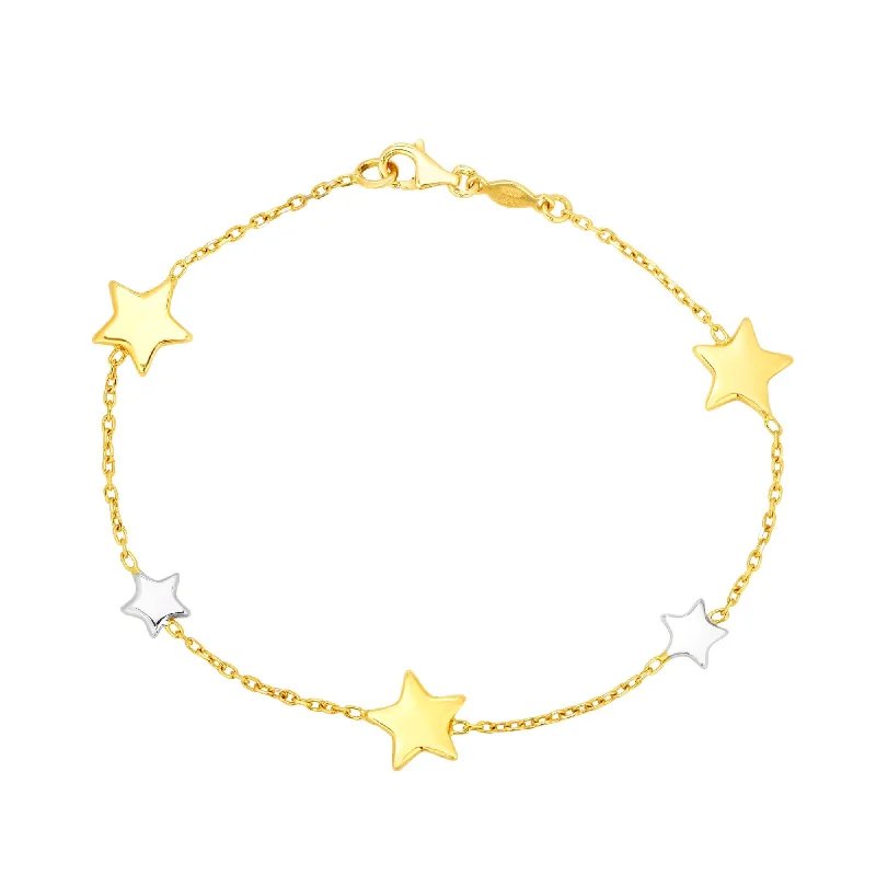 Ladies bracelets sister sets-14kt Gold 7.5 inches Yellow+White Rhodium Finish 9.6mm Shiny Star Star Stationed Bracelet with Lobster Clasp