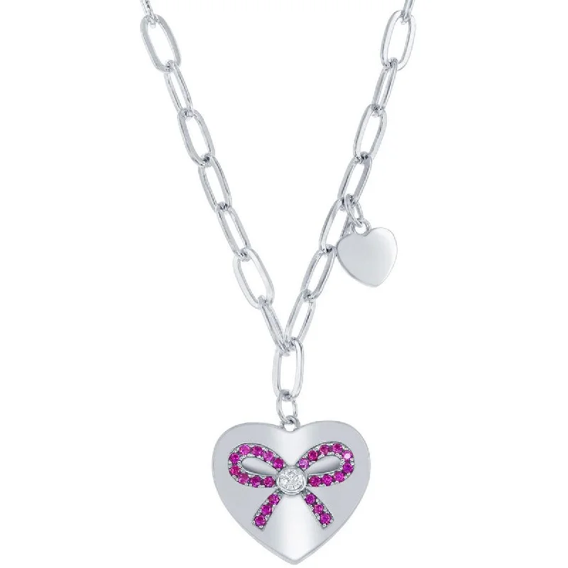 Ladies necklaces pearl strands-Classic Women's Necklace - Sterling Heart with Ruby CZ Ribbon Paperclip | M-6782