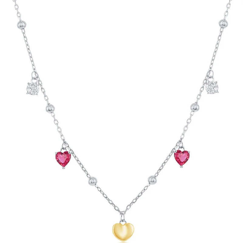 Ladies necklaces silver finish-Classic Women's Necklace - GP Sterling Silver White and Ruby CZ Heart Beaded | M-6941