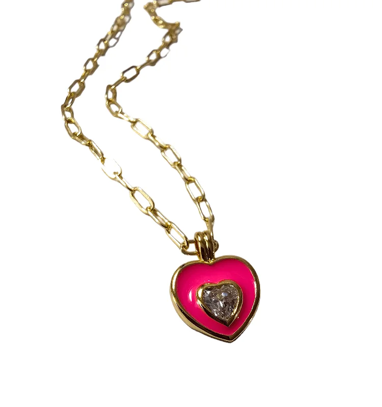 Ladies necklaces titanium options-Pink Cz Enamel Heart Necklace