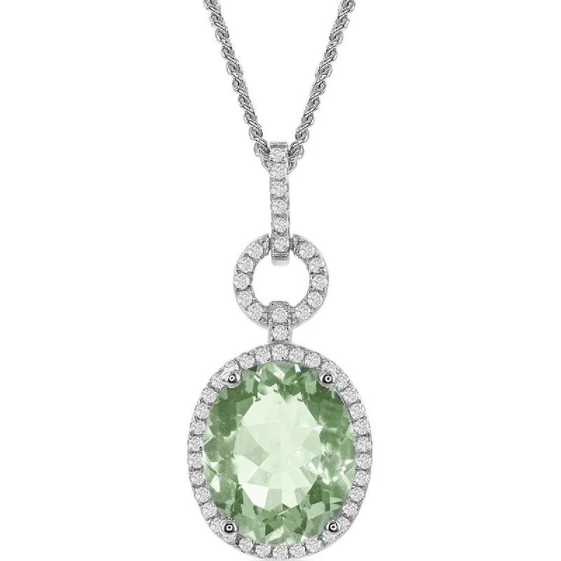 Ladies necklaces white gold-Bellissima Women's Necklace - Green Amethyst Oval with White Topaz Border | BLK-7555