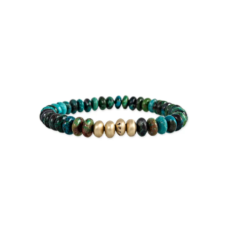 Ladies bracelets openwork patterns-4 SATIN GOLD BEADS + CHRYSOCOLLA BEADED STRETCH BRACELET