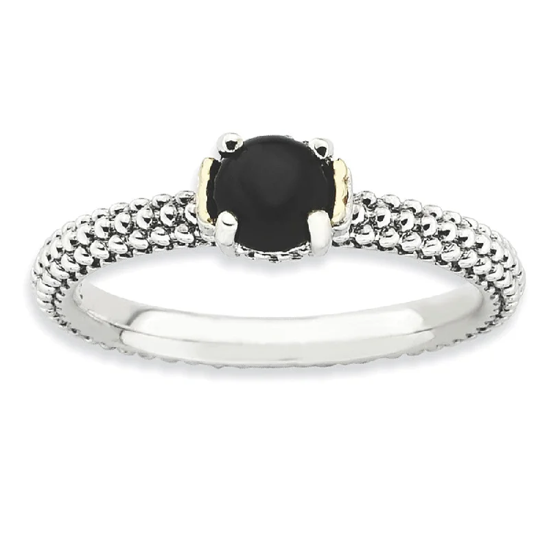 Ladies ring proposal choice-Antiqued Sterling Silver & 14K Gold Plated Stackable Onyx Ring