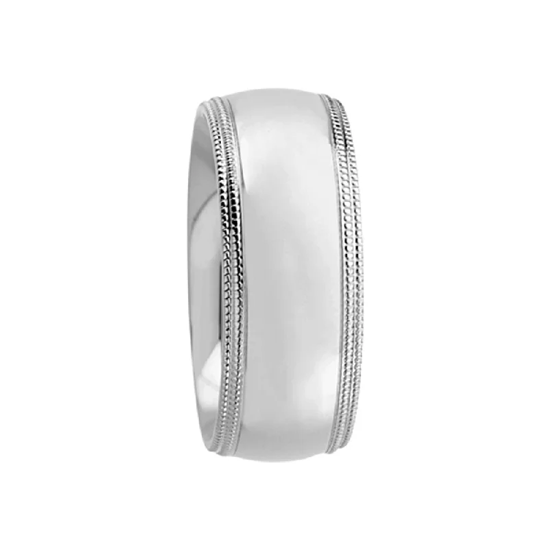 Ladies ring classic styles-8mm Double Milgrain Comfort Fit Domed 14k White Gold Band