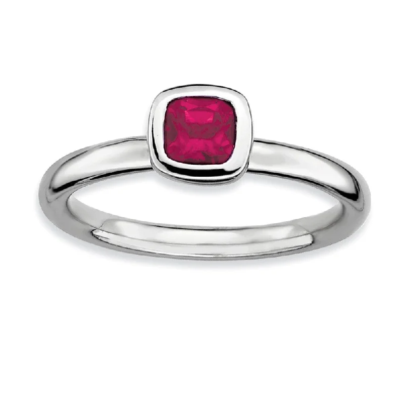 Ladies ring engraved names-Sterling Silver Stackable Cushion Cut Created Ruby Solitaire Ring