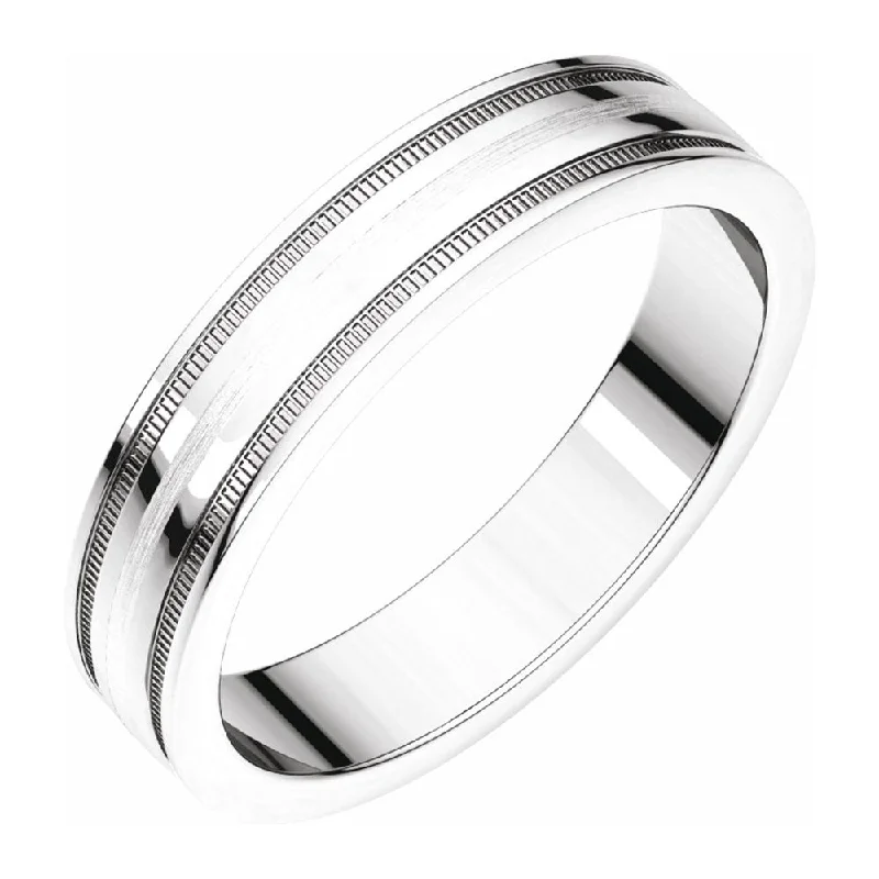 Ladies ring physical stores-4mm 14K White Gold Flat Edge Satin Center Milgrain Comfort Fit Band