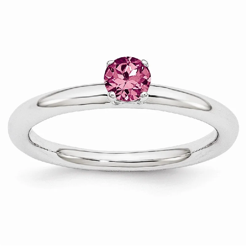 Ladies ring 2025 trends-Rhodium Plated Sterling Silver Stackable 4mm Pink Tourmaline Ring