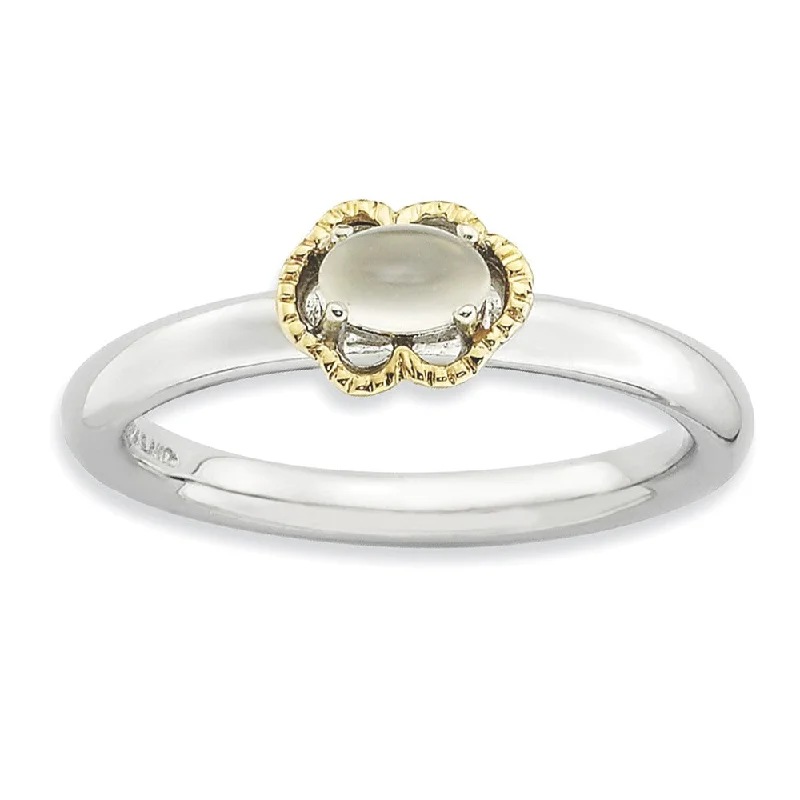 Ladies ring diamond inlay-Sterling Silver & 14K Gold Plated Stackable Moonstone Ring