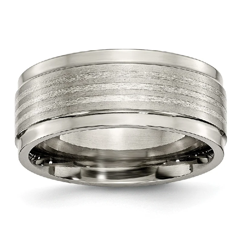 Ladies ring budget-friendly-9mm Ridged Edge Striped Band in Titanium and Sterling Silver