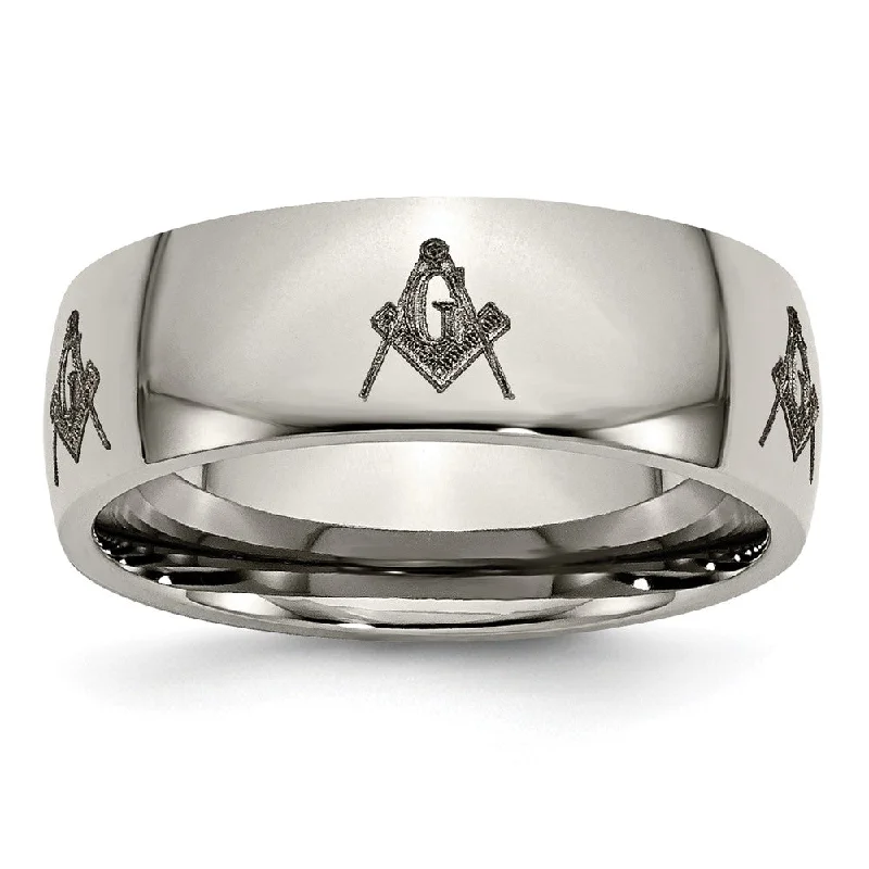 Ladies ring luxury brands-8mm Titanium Etched & Polished Masonic Domed Standard Fit Band