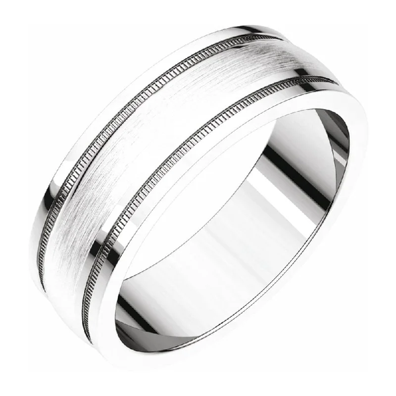 Ladies ring index finger-8mm 14K White Gold Flat Edge Satin Center Milgrain Comfort Fit Band