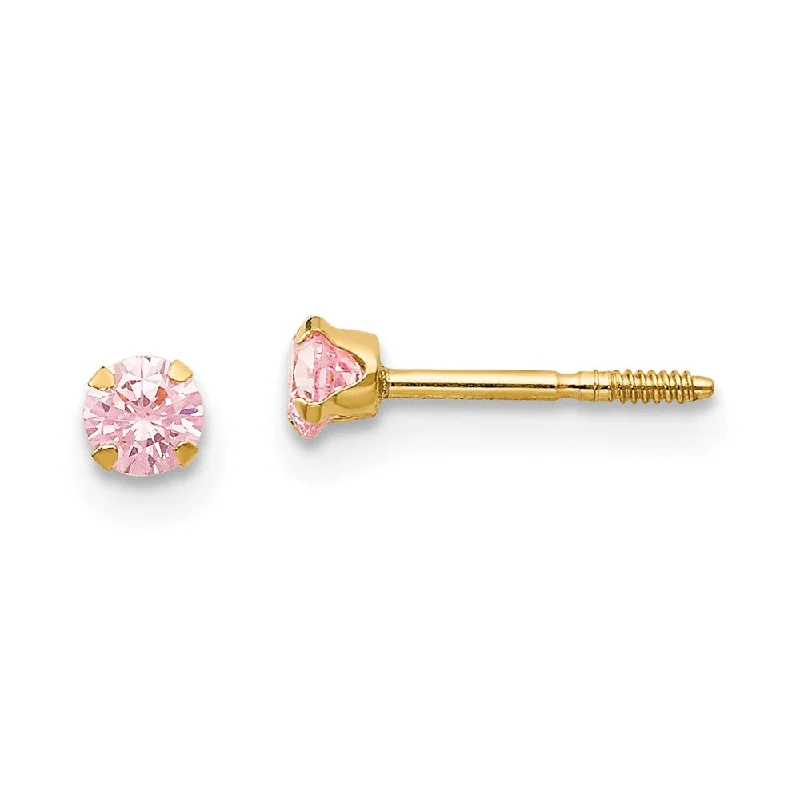 Ladies earrings mature style-Kids 3mm Pink Cubic Zirconia Stud Screw Back Earrings in 14k Gold