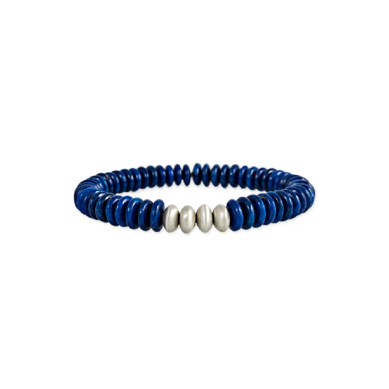 Ladies bracelets discount offers-4 SATIN SILVER BEADS + LAPIS BEADED STRETCH BRACELET