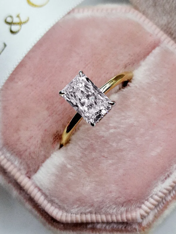 Ladies engagement rings vintage-inspired-1.76 Carats Lab Grown Radiant Cut Two Tone Solitaire Hidden Halo Diamond Engagement Ring