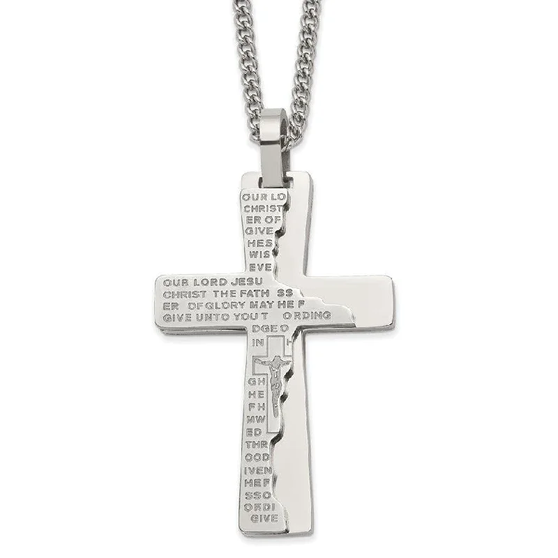 Ladies necklaces birthday gifts-Stainless Steel Polished Etched Broken Prayer Cross 24in Necklace