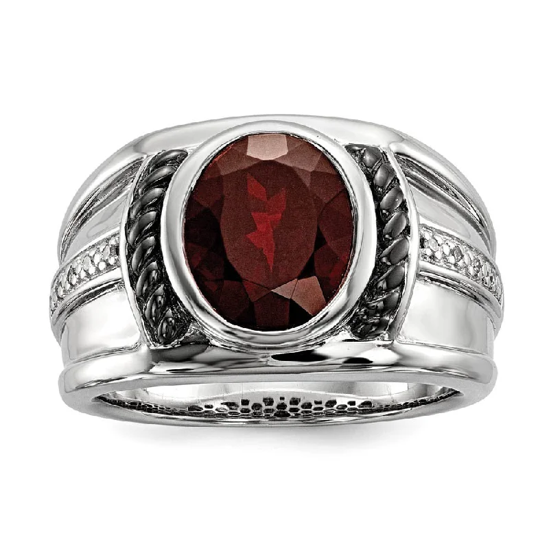 Ladies ring lightweight-Mens Two Tone Sterling Silver, Oval Garnet & Diamond Wide Tapered Ring