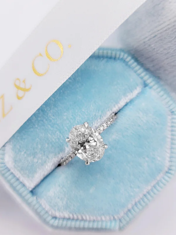 Ladies engagement rings marquise style-2.01 Carats Oval Cut Micropave Side Stones Hidden Halo Diamond Engagement Ring