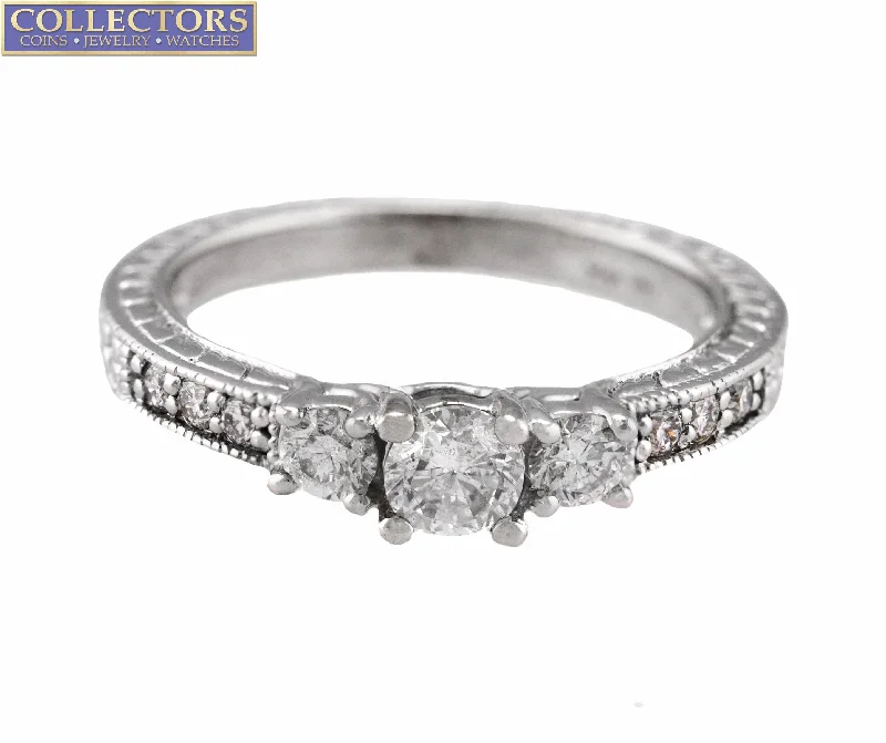 Ladies engagement rings natural gems-Ladies Modern 14K White Gold 0.57ctw Diamond Etched Milgrain Engagement Ring