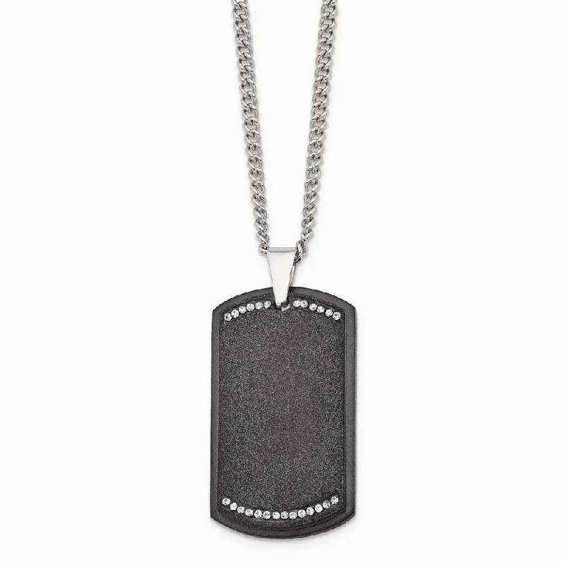 Ladies necklaces 2025 trends-Stainless Steel Brushed LaserCut Black IP Plated CZ Dogtag Necklace