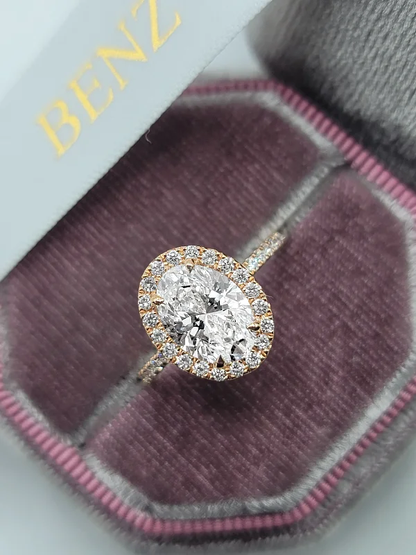 Ladies engagement rings modern flair-2.60 Carats Lab Grown Oval Cut Micropave Halo Side Stones Diamond Engagement Ring