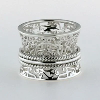 Ladies ring emotional symbol-Southern Gate Filigree Ring with Spinning Bands in Sterling Silver