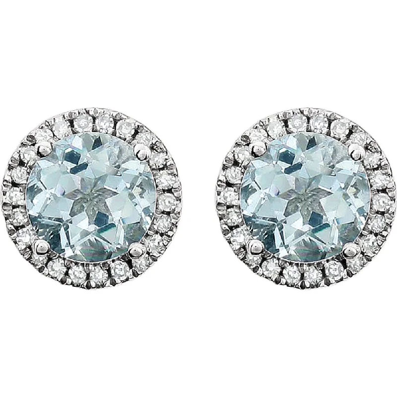 Ladies earrings classic styles-8mm Halo Style Aquamarine & Diamond Earrings in 14k White Gold