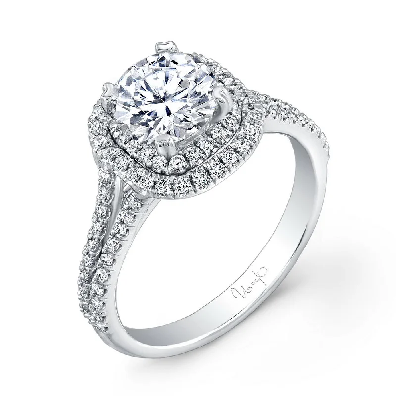 Ladies engagement rings trendy looks-Uneek Round Diamond Engagement Ring with Dreamy Cushion-Shaped Double Halo and Split Upper Shank