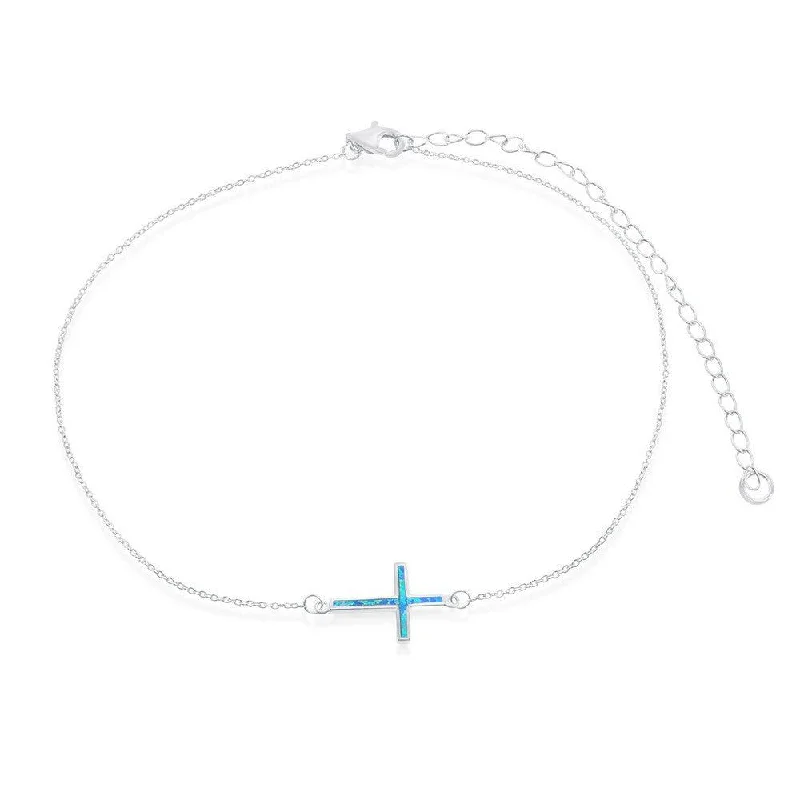 Ladies necklaces European flair-Sterling Silver Blue Inlay Opal Sideways Cross Choker Necklace