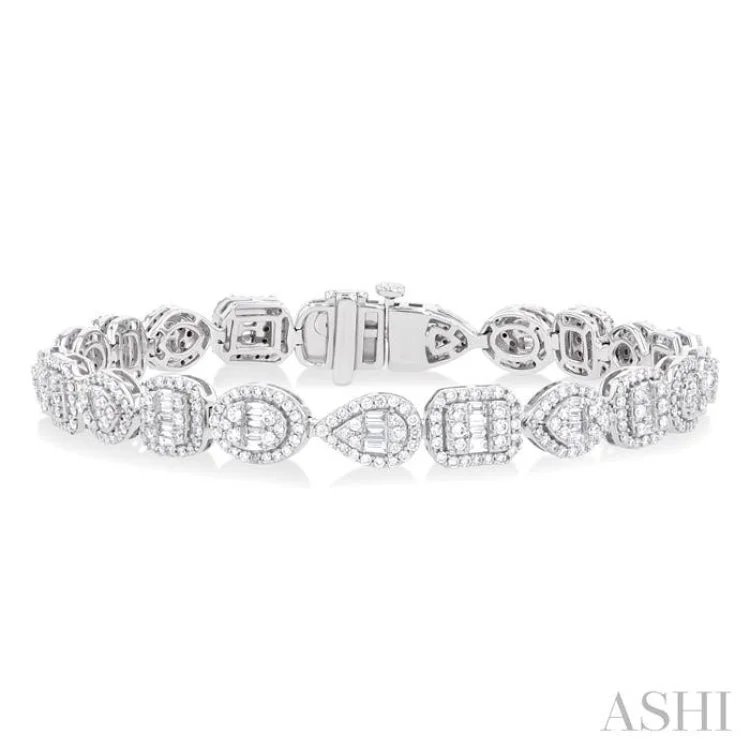 Ladies bracelets white gold-3 1/5 ctw Mixed Shape Fusion Baguette and Round Cut Diamond Halo Bracelet in 14K White Gold