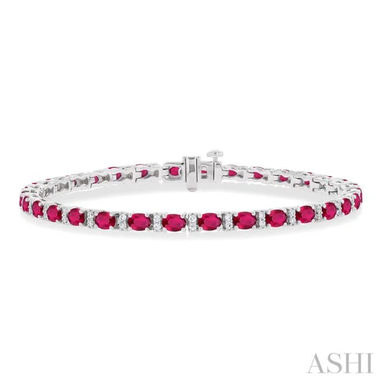 Ladies bracelets minimalist trend-1/3 ctw Oval Cut 4X3MM Ruby and Round Cut Diamond Precious Bracelet in 14K White Gold