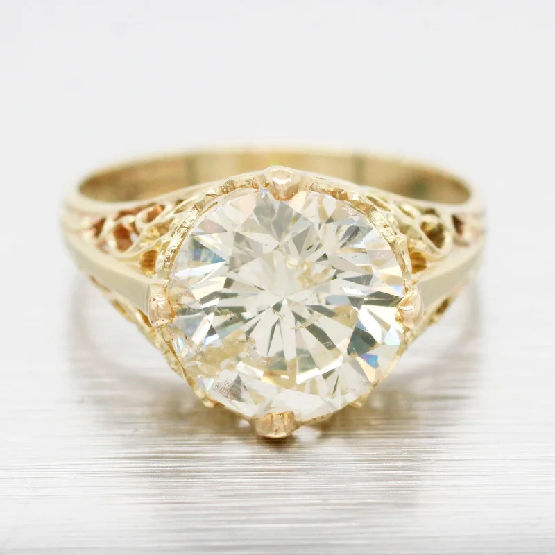 Ladies engagement rings care tips-GIA 3.01ct Diamond Antique Art Deco Solitaire Engagement Ring - 14k Yellow Gold